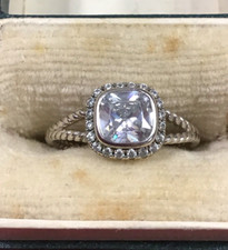 CUBIC ZIRCONIA HALO SET STERLING SILVER RING; SIZE 7