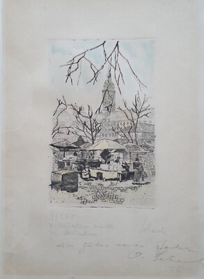 Otto Schenk (1904-1995): München, Viktualienmarkt (Kolorierte Radierung, sign.)