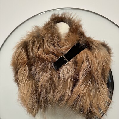 LANVIN Paris Made In Italy Black Brown Fur Wrap Collar Scarf Patent Buckle