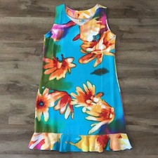 VTG Sun Dress Size M Floral Hawaiian Flowers Bright Colorful Multicolor Wed Blue