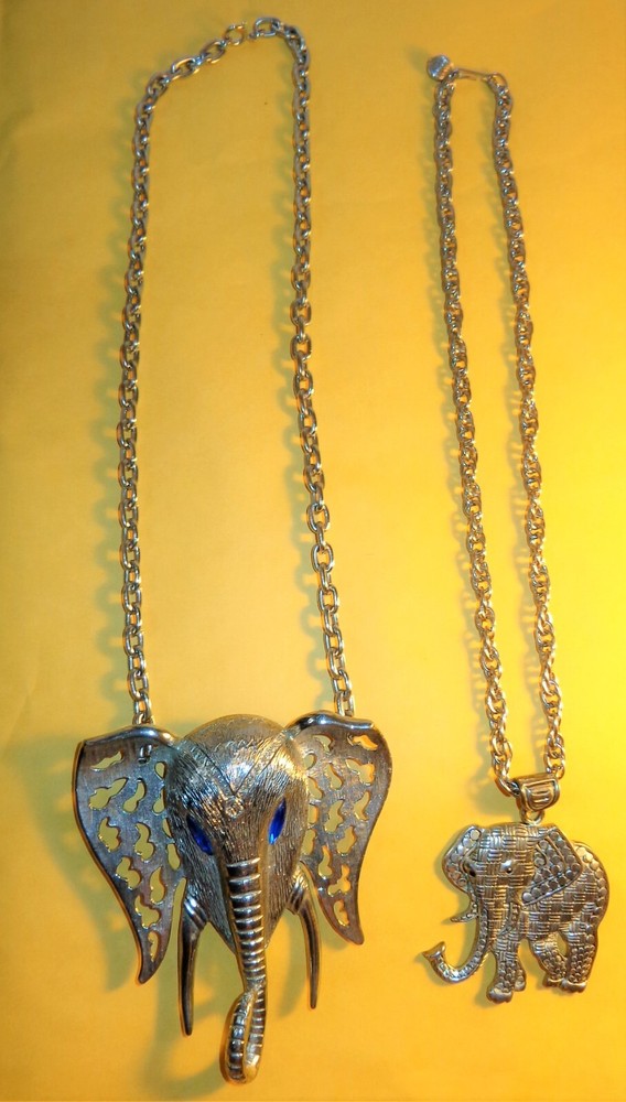 2 Vintage ELEPHANT STATEMENT NECKLACES BIG AFRICAN CELEBRITY BRAND W/ BLUE EYES