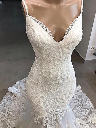 Elegant Mermaid Wedding Dresses Sexy Lace Appliques Sweep Train Bridal Gowns - Picture 4 of 6