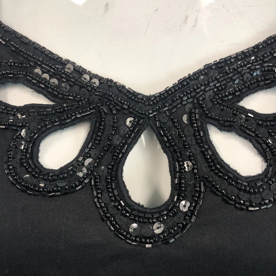 Yumi 2 4 Black Sequin Beaded Cotton Stretch Cut Out Sheath Vintage Mini Dress - Image 2 of 4