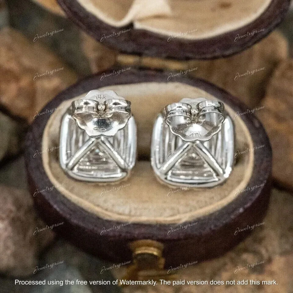 3Ct Cushion Cut Lab Created Yellow Diamond Stud Earrings 14K White Gold Finish - Image 3 of 3