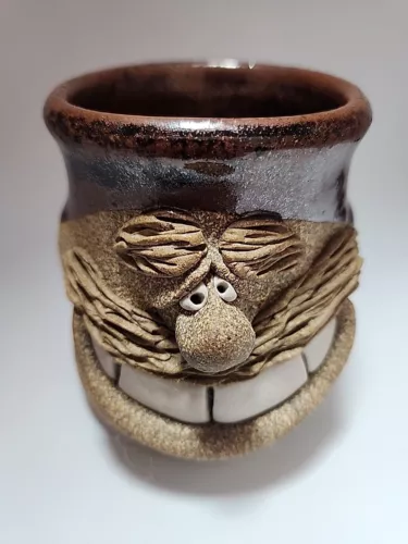 3D Ugly Funny Face Stoneware Pottery Art Mug Cup 3.25" Tall Signed on side