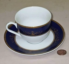 DOEL Super Fine Porcelain Cups-Saucers Royal Blue Gold Print Set/6 FREE SHIPPING
