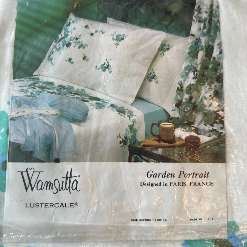 Wamsutta Lustercale Garden Portrait Sheet Blue Green Floral Vintage 72 x 108 - Image 3 of 4