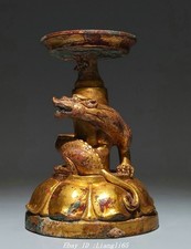 Altes China Bronze Ware Gold Dragon Loong Öllampe Kerzenstäbhalter