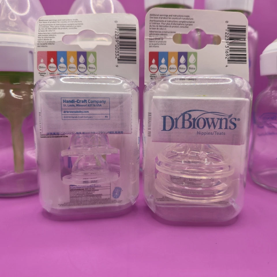 Стеклянные бутылки против колик Dr. Brown's 5 шт. и 2 упаковки нераспечатанные соски - Изображение 4 из 4