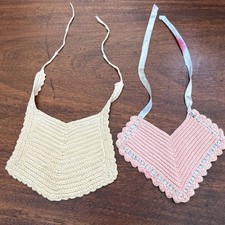 Crocheted Baby Bibs Vintage Off White Pink Two Sizes Handmade Thrashed