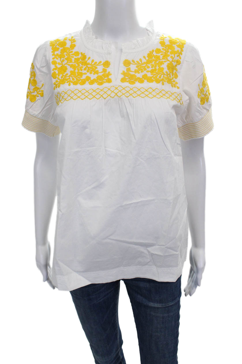 J Crew Women Floral Cotton Tunic Blouse White Short Sleeve Round Neck Size XSFree Shipping in US $100+ Orders | $6.95 Orders Below