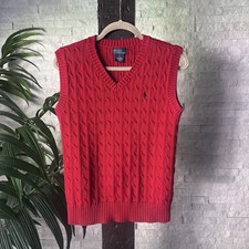 Polo by Ralph Lauren Red Cable-Knit V-Neck Cotton Sweater Vest Size XL