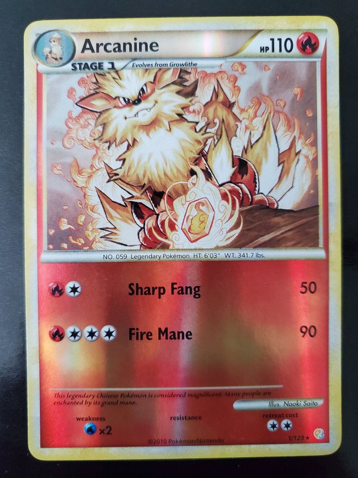 Arcanine 1/123 Reverse Holo Pokemon TCG HeartGold SoulSilver Card LP-NM