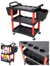 3 Tier Auto Detailing Cart Rolling Tool Cart w/ Plate & Hooks & 2 Hanging Bucket
