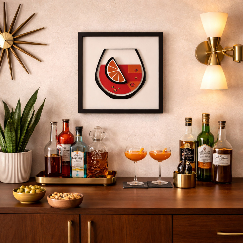 Cocktail-themed mid-century wall art that's a perfect conversation piece for a home bar or lounge — stylish without being tacky.
