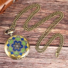 Blue Crystal Flower Pendant 80CM Chain Womens Quartz Pocket Watch Necklace Gift