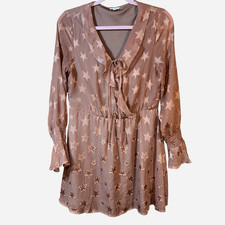 En Creme Anthro Satin Star Print Mini Dress S Fairycore Celestial Bell Sleeve