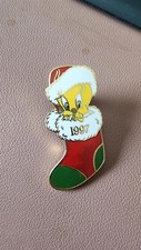 1997 Warner Brothers Tweety Bird in Christmas Stocking Enamel Lapel Pin 1.75"
