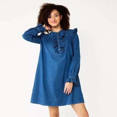 Draper James RSVP Denim Ruffle Shift Dress M | Western Prairie Henley Mini