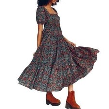 Free People Ashley Babydoll Corduroy Floral Maxi Dress XS Cottage Trad Feminine