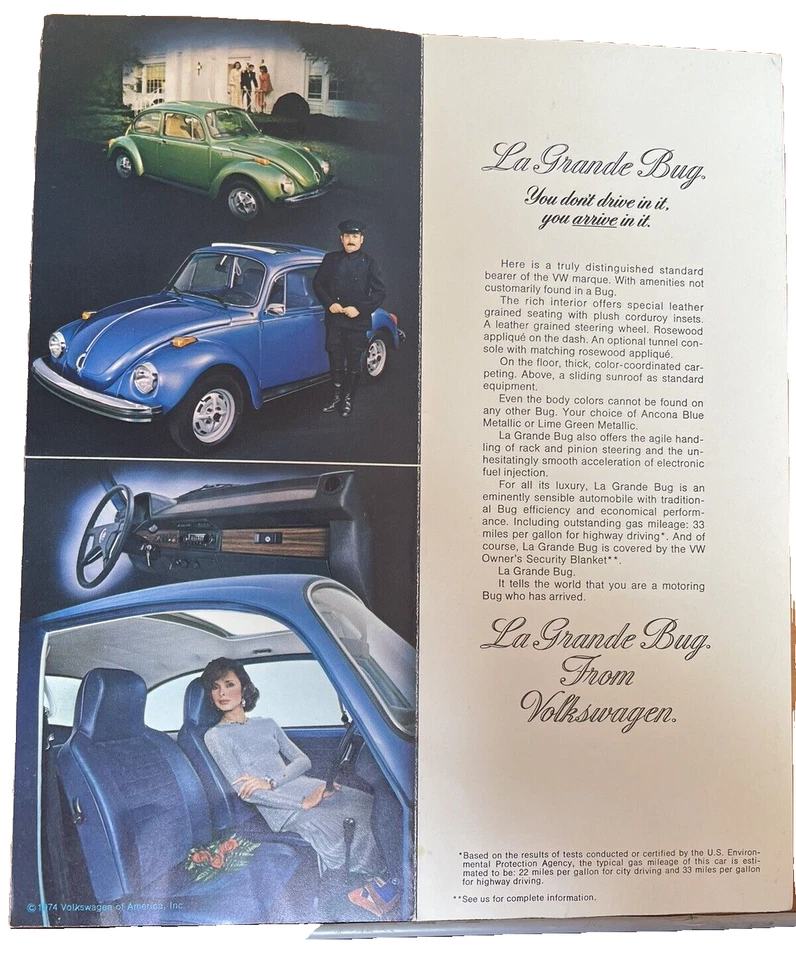 VW La Grande 1975 invitación a insectos publicidad Volkswagen azul verde techo corredizo EE. UU. Foto 3 de 4