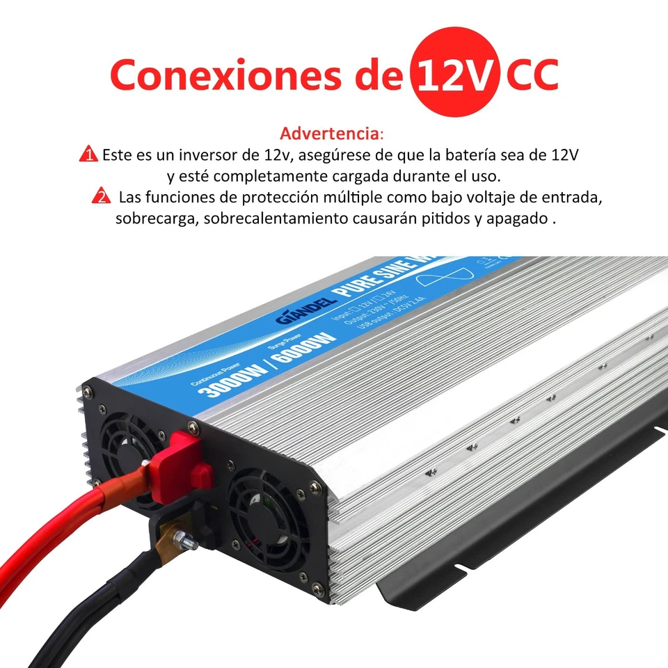Inversor de energía de onda sinusoidal pura 3000W DC 12V a AC 220V 230V GIANDEL - Imagen 2 de 4