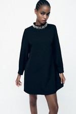 Zara MINI DRESS with BEADED COLLAR Size XS UK 8-10 RRP £50 Black TRINNY - BNWT