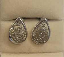 Dainty Filigree Sterling Silver Open Rose Flower Teardrop stud Pierced Earrings