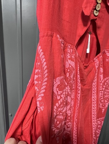 Free People Feel The Sun Jumpsuit Red Boho Print Linen Blend Cropped Wide Leg 10 - Picture 9 of 14