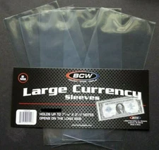 5 Loose BCW Soft Sleeve Large Dollar Bill Currency Sleeve Protectors Holders