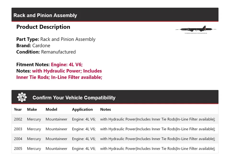 For 2002-2005 Mercury Mountaineer 4L V6 Rack and Pinion Assembly Cardone 2003 - Image 2 of 4