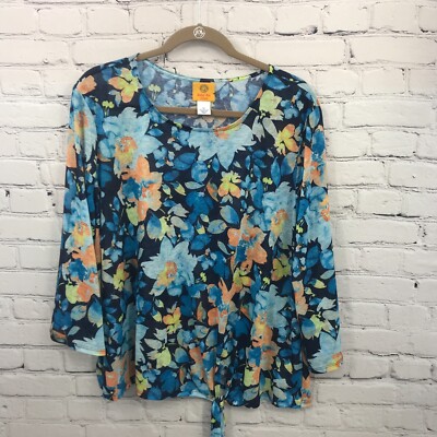 Ruby Rd Top Womens 1X Blue Sheer Lightweight Floral 3/4 Sleeve Blouse Casual