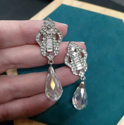 CLIP ON Vintage Art Deco Style EARRINGS AB Crystal Glass DROP Silver Rhinestone - Image 1 of 4