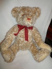 Bear Tan 18" Jointed Bialosky Teddy Shaggy Fur VTG 1992 GUND red black check bow