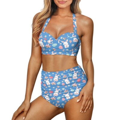 Blue Printed Rabbit Eggs Two Piece Bikini Swimsuit Sexy Printed Push-Up Swimwear