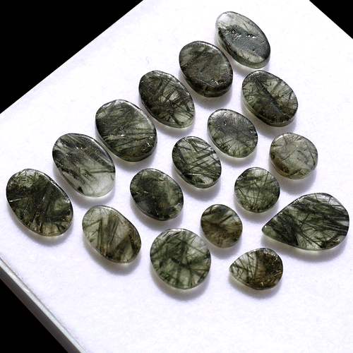 17 Pcs Natural Green Rutile Quartz Hi-Grade 8.8mm-17.4mm Cabochon Gemstones Lot - Picture 5 of 11