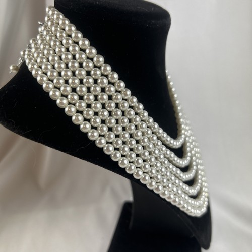 Faux Pearl Necklace Six Strand 16” Adjustable Vintage Hook Clasp - Picture 3 of 6