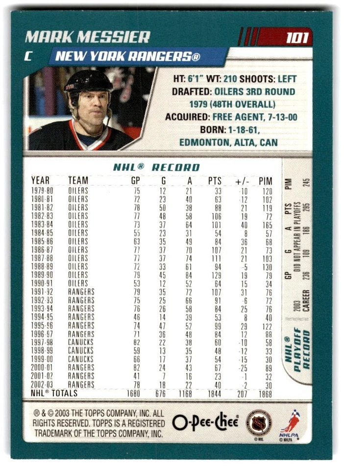 2003-04 O-Pee-Chee Mark Messier #101 New York Rangers - Image 2 of 2