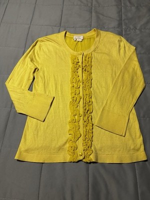 kate spade new york Yellow Silk Knit Ruffle Button Round Neck Cardigan Sweater S