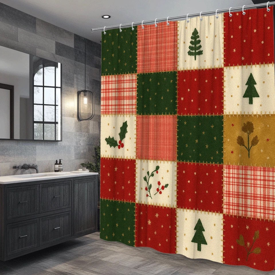 Cortina de Ducha de Navidad con Diseño de Retazos Rojo Verde Foto 4 de 4