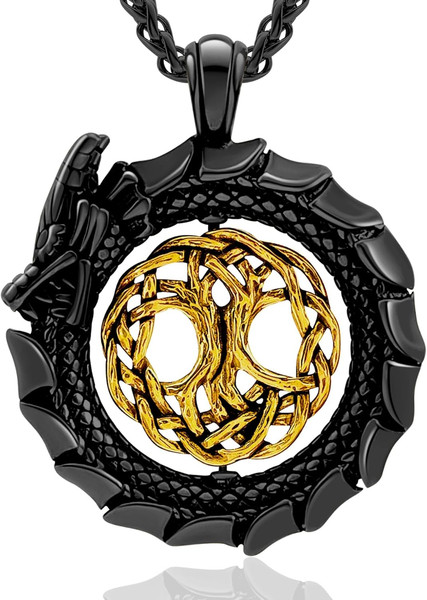 Alternate view of Dragon Necklace 18k Gold Plated/black Metal/stainless Norse Tree Life