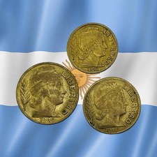 Lot of 3 Old Argentina 5, 10 & 20 Centavos Coins - 1940s Dates - Combined Ship