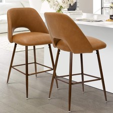 Set of 2 Modern Bar Stools Tan Faux Leather Upholstered Counter Height Stools