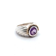 .925 Sterling Silver  14k Yellow Gold Amethyst Ring, Size-7, 8.1g
