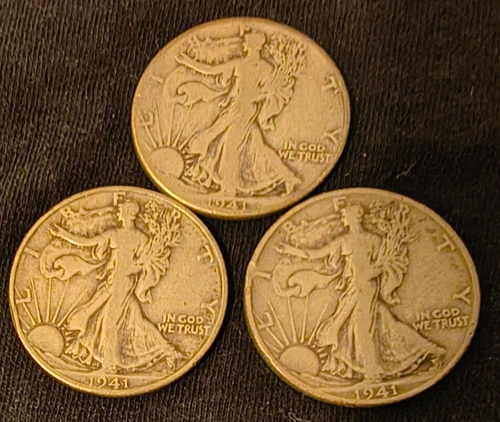 3 LIBERTY WALKING HALF DOLLARS == 1941, 1941 D, 1941 S == 90% SILVER