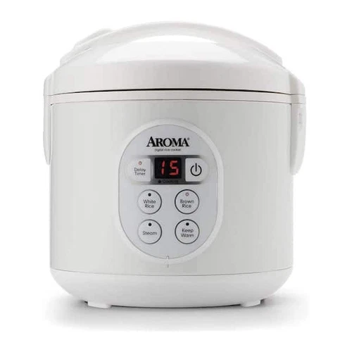 AROMA 8-Cup White Digital Rice Cooker in Black Control Panel