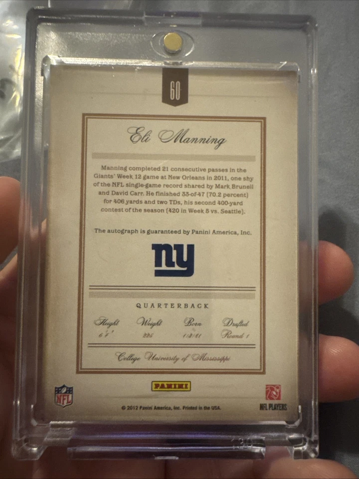 2012 Panini Prime Signatures - Eli Manning PLATINUM AUTO SP SSP #3/5 Giants SICK - Image 2 of 2