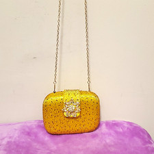 Gold Hardcase Evening Clutch Bag with Chain Strap Rhinestone Flower Accent