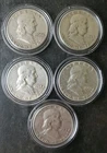Lot of Five 50c Franklin Silver Half Dollars in Capsules