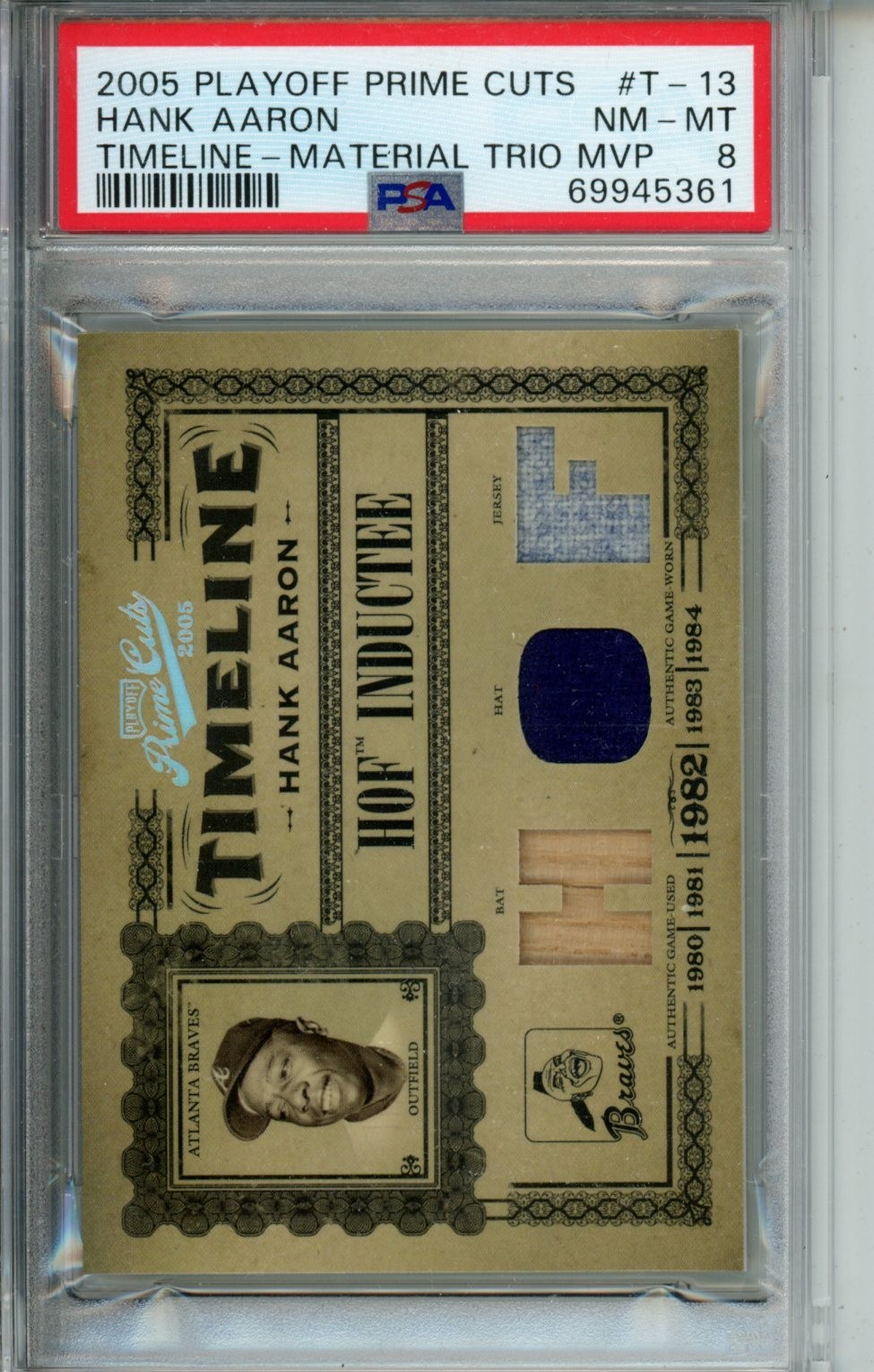 2005 PRIME CUTS HANK AARON GAME USED DUAL BAT JERSEY PATCH 6/10 PSA 8 #t-13